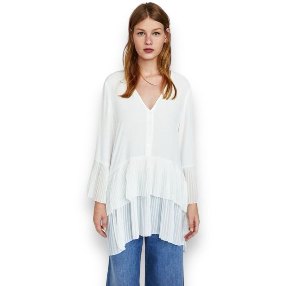 Zara Woman Cream Chiffon Pleated Tunic Sz XXL